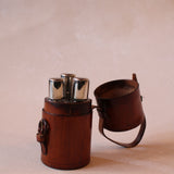 Antique Three Glass Flasks in Brown Leather Case