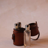 Antique Three Glass Flasks in Brown Leather Case